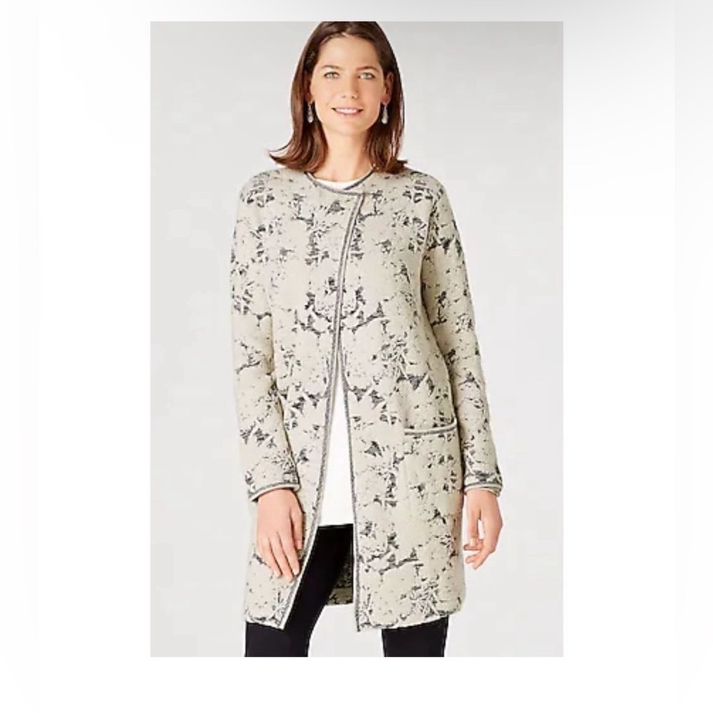 J. JILL White Gray Long Sleeve Jacquard Topper Longline Coat Jacket Size:Small - Picture 1 of 15